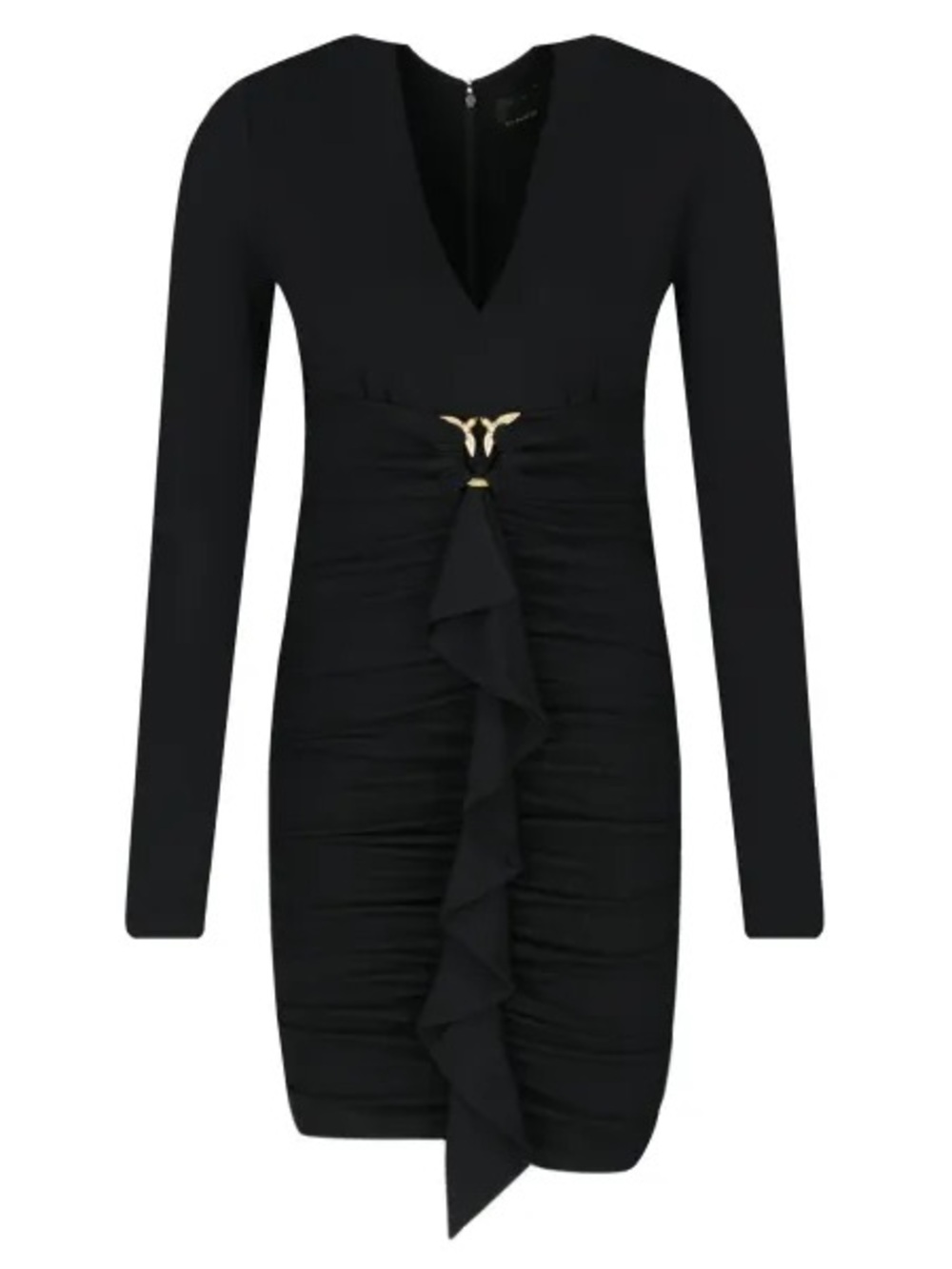 Pinko Caldo Dress Black Long-Sleeve Ruched V-Neck with Gold Detail